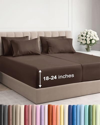 Image of Extra Deep Split King Sheet Set - 7 Piece Breathable Cooling Sheets - Brown | Hotel Luxury Bed Sheets Set, Easy & Secure Fit, Ultra-Soft, Wrinkle & Fade Free, Comfy Sheets Set with Extra Deep Pockets