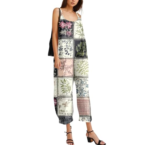 Retro Women's Boho Cotton Linen Jumpsuit with Spaghetti Straps