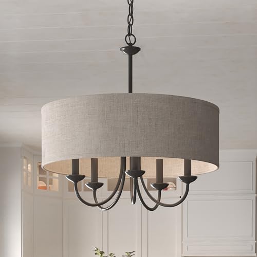 Image of Progress Lighting Drum Shade Collection Five-Light Chandelier, Farmhouse Style Hanging Ceiling Light Fixture for Dining Rooms, Foyers, Harvest Linen Shade, Matte Black