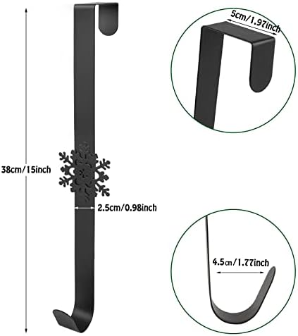 Christmas Wreath Hanger Xmas Metal Wreath Hook Over The Door 15 Inches Large Wreath Holder with Snowflake for Front Door Outdoor Home Christmas Halloween Wedding Garland Wreath Decor (Black)