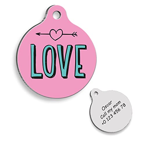 Pink Love - Personalized Custom Pet Tags for Dogs and Cats - Dog Tag - Cat Tag - ID Tag Dog & Cat - Customized Engraved Pet Tag - Custom Name Tag