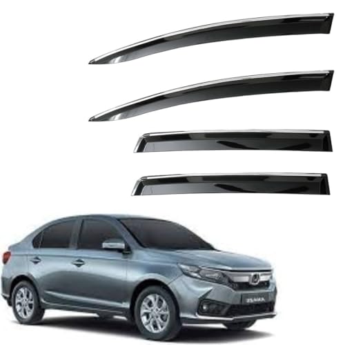 Image of CAR SAAZ Unbreakable Chrome Smoke Door Visor for Amaze Type 3 (2018-2023)| Premium Sun, Rain Wind Deflector Chrome Strip Side Door Rain Visor - Set of 4 Pcs