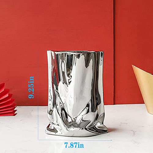 Silver Ceramic Flower Vase, 9.3" Tall Modern Simple Flower Arrangement Vase, Creative Handmade Paper Bag Modeling, For Home Decor, Living Room, Office, Dining Table, Wedding, Birthday Festive Gift #TOP2