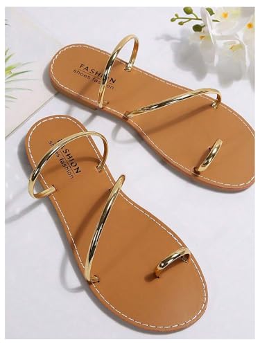 OYOANGLE Women's Metallic Strappy Toe Ring Sandals Open Toe Flat Slide On Thong Sandals2