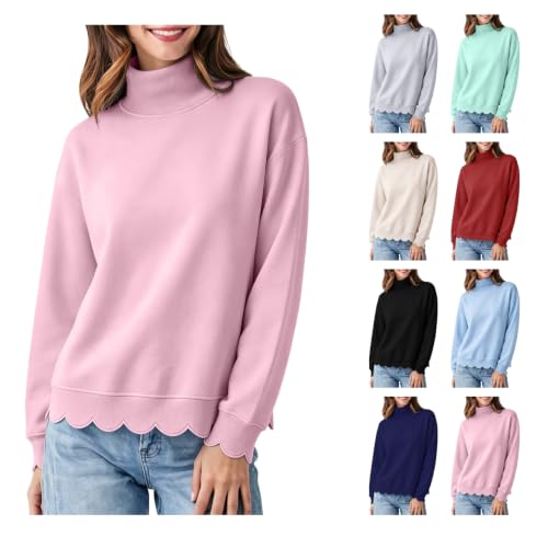 Womens Scalloped Mockneck Sweatshirt Casual Long Sleeve Tops 2026 Pink - image 1