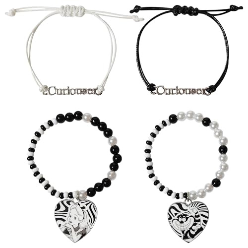 LUV HER Disney Alice in Wonderland Friendship Bracelet Set - 2 Beaded Heart Charm Bracelets - Best Friend/Sibling Gifts - Elastic Fit for Kids 3+ - Alice & Cheshire Cat Designs - Themed Gift Packaging