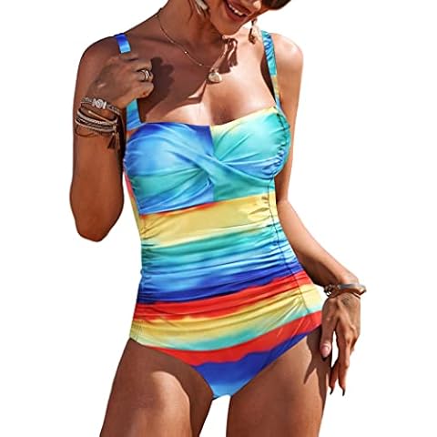 Ekouaer Womens One Piece Swimsuit Elegant Inspired Vintage Pin up Monokinis Tummy Control Swimwear Shirred Bathing Suits, Rainbow, Large Cover