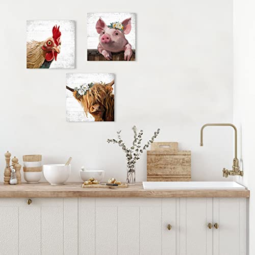 Farm Animal Farmhouse Wall Art: Highland Cow Rooster Pig Head Picture For Kitchen, 3 Piece Rustic Farmhouse Decor Vintage Canvas Print Living Room Home Decoration #TOP4