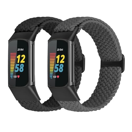 FTYQUEE Correas elásticas trenzadas ajustables compatibles con Fitbit Charge 5 para hombres y mujeres, pulseras deportivas elásticas de tela de nailon para Charge 5 (negro + carbón)