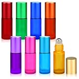 HUZNA 8 Piezas Botella Roll On Cristal,Rellenable Perfume Roll 5ml,Botellas Vacías de 8 Colores,con Bola de Acero Inoxidable,para Aceites Esenciales,Aromaterapia, Perfumes,Masajes