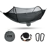 BTRWOR ハンモック モスキートネット付き 軽量 ポータブル ナイロン 260×140cm 耐荷重 300kg 自動蚊帳設定 キャンプ、インドア、アウトドアに適しています (ダークグレー)