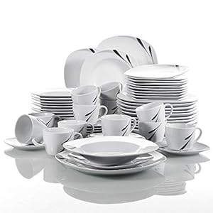VEWEET Porseleinen tafelservies 60-delige set, serie ‘Karla’, wit combiservies, koffieservies voor 12 personen