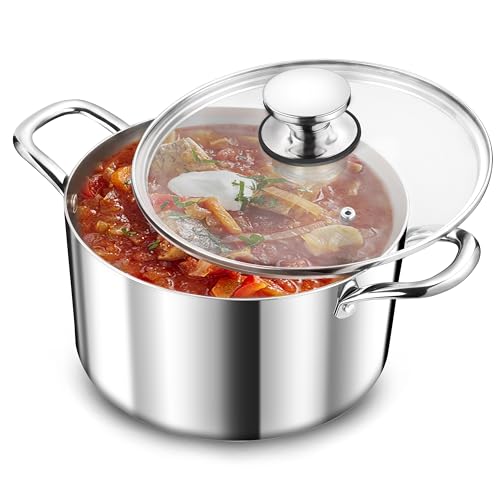 TEAMFAR Kochtopf, 20cm Topf Induktion aus 3-Lagen Edeastahl, 3,3L Nudeltopf Fleischtopf mit Glasdeckel für alle Herdarten, Edeastahl poliert & Unbeschichtet, Gesund, Spülmaschinenfest