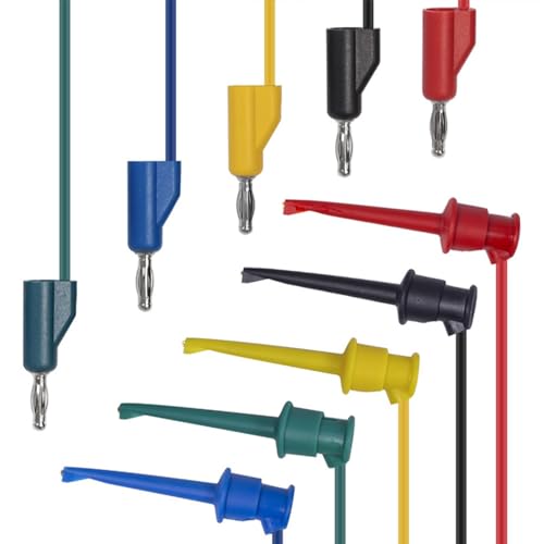NiuLumea Lot de 5 pinces à crochet de test avec connecteurs bananes et mini-rabber empilables 970 mm en PVC isolé pour multimètre, 30 VAC60 VDC