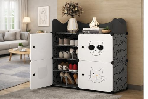 Image of Strassis Design Plastic Shoe Rack for Home | 8 Shelf DIY Shoe Rack with Door Magnets for Home Storage Plastic Box Organizer, Metal Door Frame, Chappal Slipper Sandals Stand (Black,4 Door)