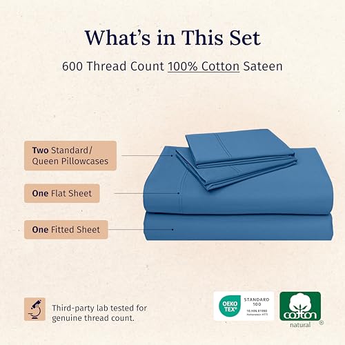 California Design Den Natural 100% Cotton Bed Sheets Full Size Set - Luxury 600 Thread Count Sateen, Hotel Quality Cooling Sheets, Fully Elasticized Deep Pockets, Crisp and Durable - Parisian Blue