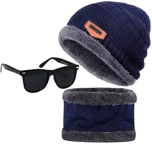 Winter Knit Beanie Cap Hat Muffler Scarf Beanie/Skull Cap & Neck Warmer (Muffler) Aviator Black Sunglasses Combo for Hedging Hat Scarf Set |Air Proof Cap Pack of 2