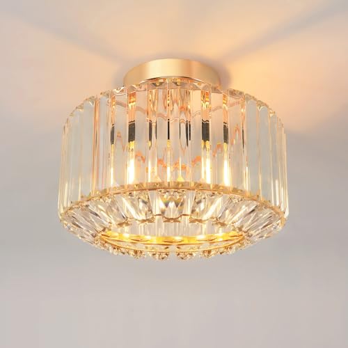 Image of ANWIO Gold Crystal Ceiling Lights,Modern Semi Flush Mount Fittings Ceiling Lamp Fixture,Hallway Ceiling Lights,Dia 26.5cm Crystal Chandelier for Living Room Dining Room Kitchen Bathroom (E27 Base)