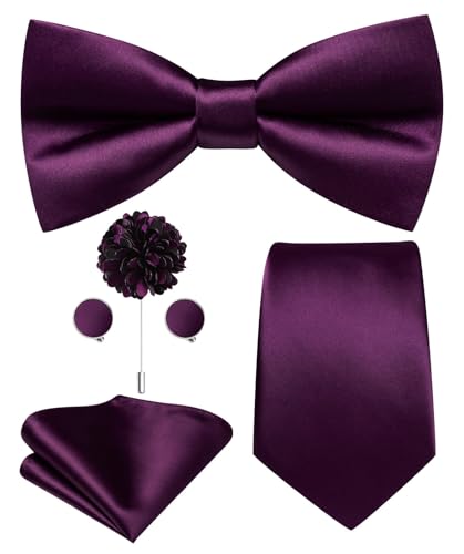 Image of Hi-Tie 5Pcs Mens Solid Color Silk Tie Satin Pretied Bowtie Lapel Pin for Men Handkerchief Cufflink Wedding Gift Box