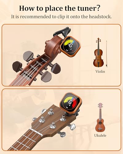Image of New Bee Guitar Tuner Clip-On Rechargeable with Color Screen 360 Rotatable Acoustic Chromatic Open Tuning for Guitar, Bass, Ukulele, Violin (Orange, 1 Pack)