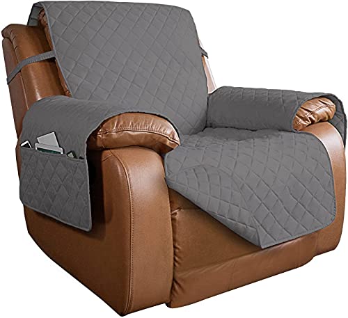 Image of PureFit Reversible Quilted Sofa Cover, Water Resistant Slipcover Furniture Protector, Washable Couch Cover with Non Slip and Elastic Straps for Kids, Dogs, Pets (Oversized Recliner, Gray /Gray)