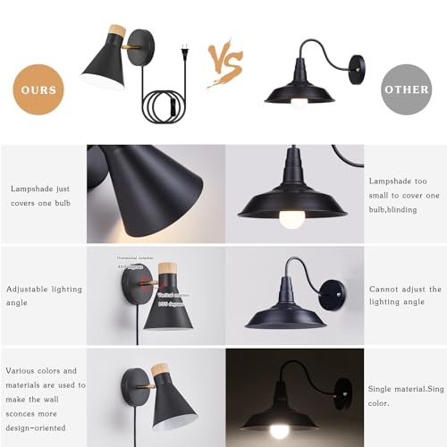Image of Wall Sconce Set of 2, Wall Sconce with Metal Shade, Plug Switch, Indoor Decor Wall Mount Swing Arm Lamp for Bedroom,Hallway,Living Room,Reading, Black