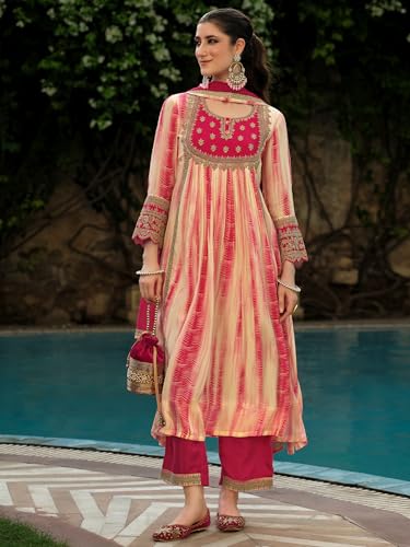 Image of INDO ERA Women's Silk Crepe Floral Embroidered A-Line Kurta & Pant with Dupatta Set (IEOUT161)