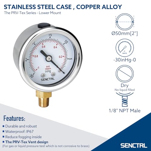 Image of SENCTRL 30inHg Vacuum Pressure Gauge, 2 inch Dial, 1 /8 NPT Lower Mount, Waterproof, Stainless Steel Case, for Tube Tester, HVAC, Pneumatic Air Compressor, Hand Pump, Valve Test