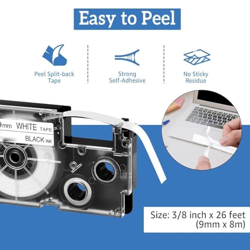 Image of ZIBUYU 9mm Label Tape for Casio Label Printers White with Black Ink 1 Roll | Compatible with KL Series (KL-120, KL-60, KL-820), Waterproof & Fade-Resistant