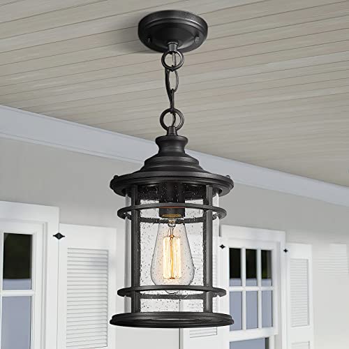 Emliviar Outdoor Hanging Pendant Light - 12 Inch Hanging Lantern For Front Porch, Seeded Glass Shade In Black Finish, Xe229H Bk #TOP1