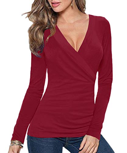 Afibi Womens Slim Fitted Deep V Neck Cross Wrap Top Long Sleeve T-Shirts (Large, Burgundy)
