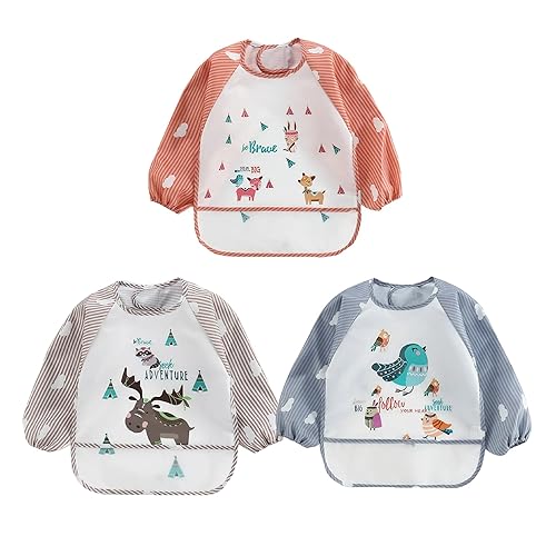 ElecMotive Lot de 3 Bavoir Etanche à Manchs Longue Tablier d&rsquo;Alimentation de Jeu/de Peinture Bavoir Imperméable 6-36 mois