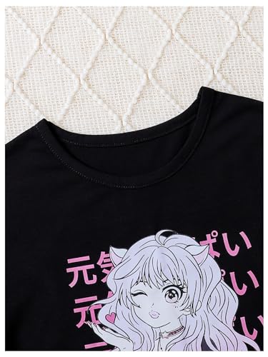 Image of Floerns Girl's Two Piece Outfit Japanese Letter Print Tee Shirt with Plaid Skirt Purple 11-12Y
