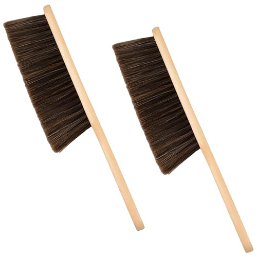2 Pieces Woooden Dust Brush Hand Broom Bench Brush with Long Wood Handle Whisk Broom Soft Bristle Brush for Counter Bed Sofa Car Fireplace Clothes Household Cleaning (Brown)
