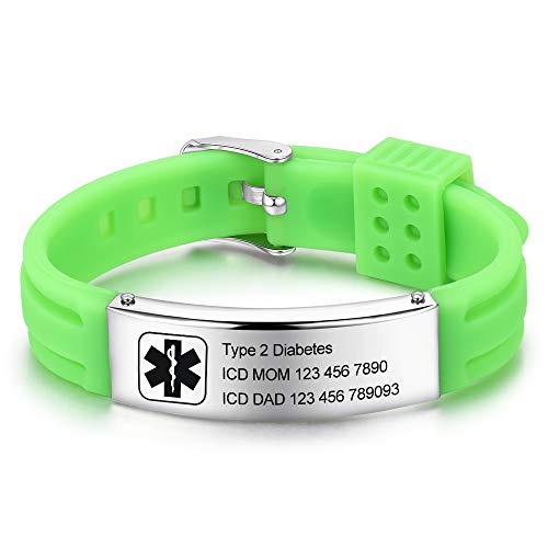 Personalized Bracelet Silicone Medical Bracelets Adjustable Sport Emergency ID Bracelets Free Engraving 9 Inches Waterproof ID Alert Bracelets for Men Women (green-1)