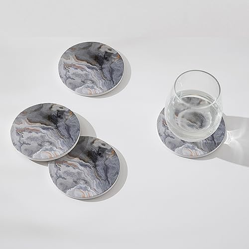 Image of Set of 6 Abstract Dark Blue Marble Coasters with Holder, Absorbent Ceramic Coasters for Drinks, Coasters with Cork Backing for Table Protection, Housewarming Gifts for New Home