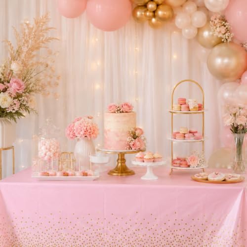 Image of Blue Orchards Pink and Gold Dots Table Cover (Pack of 3 with 20 glue dots) - 54 inchx108 inch XL - Baby and Bridal Shower Disposable Tablecloth, Wedding, Graduation Decoration, Picnic, Birthday Party Supplies