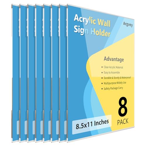 8 Pack Acrylic Sign Holder, 8.5 X 11 inch Wall Mount Clear Plastic Paper Sign Display with 3M Tape, Photo Advertising Menu Flyer Display in Home Office, Restaurant, Hotel, and Store
