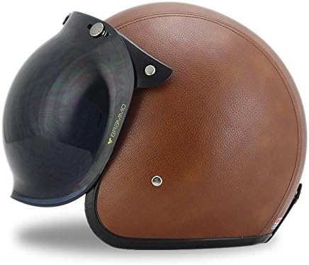 3/4 Open Face helmet, Motorcycle Helmet Flat Leather with Bubble Shield Brown (S)