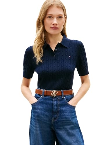 Tommy Hilfiger Women's Cotton Cable Short Sleeve Polo Sweater,Dark Night Navy Medium