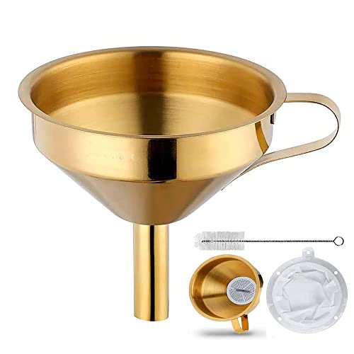 Stainless Steel Funnel Set Gold Kitchen Funnel Small Home Funnel 5 Inch Food Grade Metal Funnel with 2 Pcs Detachable Filter and 1 Pcs Cleaning Brush Perfect for Transfer Liquids and Powders -Gold