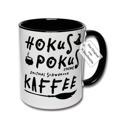 CRP Tryckt kopp – kaffekopp med text Hokus Pokus Fidibus tre gånger svart kaffe talekopp häxa (A: Svart-vit)