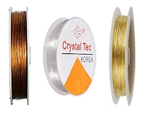 Goelx Gear Wire/Tiger Tail, Copper Wire & Elastic Wire Clear Combo - Golden for Jewellery Making,Beading & Other Craft Projects !!