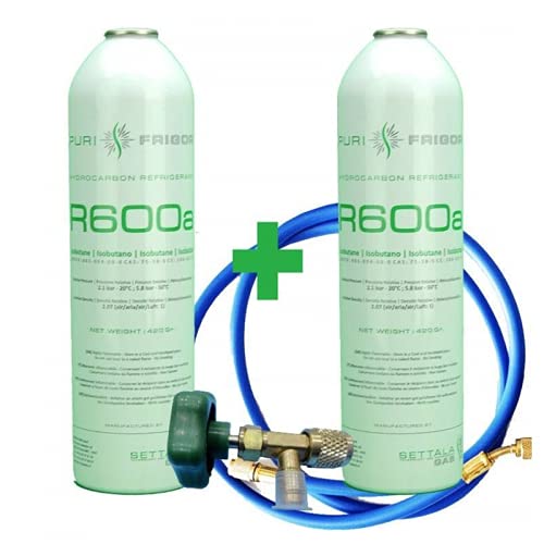 2 ENVASES GAS R600 ISOBUTANO REFRIGERANTE 420gr + VALVULA + MANGUERA