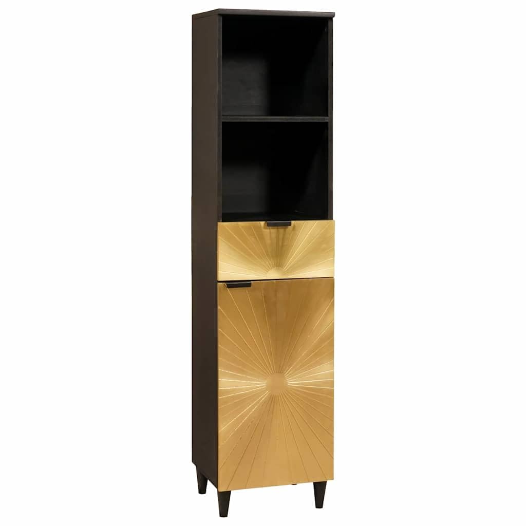 Gabinete de Baño Moderno Negro y Dorado 38 x 33 x 160 cm con Cajón y Estantes, Mueble de Almacenamiento Elegante para Organizar Productos de Higiene y Toallas, Construcción