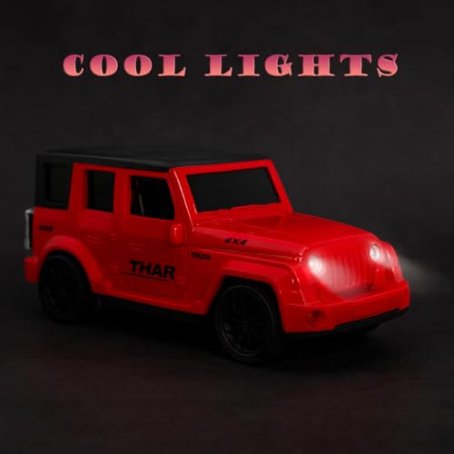 Image of The Flyers Bay 1:16 Scale Remote Control Thar Jeep 4x4 with Lights, Music, and Openable Doors | Built-in Arjan Valley Song | Rechargeable Off-Road SUV Car Toy for Kids (Thar Red)