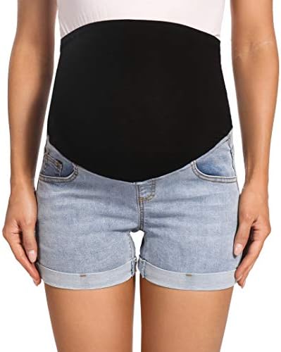 Foucome Maternity Jean Shorts Over The Belly Roll Hem Denim Shorts Summer Pregnancy Shorts(Blue, M)