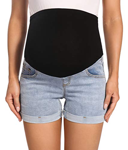 Foucome Maternity Jean Shorts Over The Belly Roll Hem Denim Shorts Summer Pregnancy Shorts(Blue, M) #TOP4