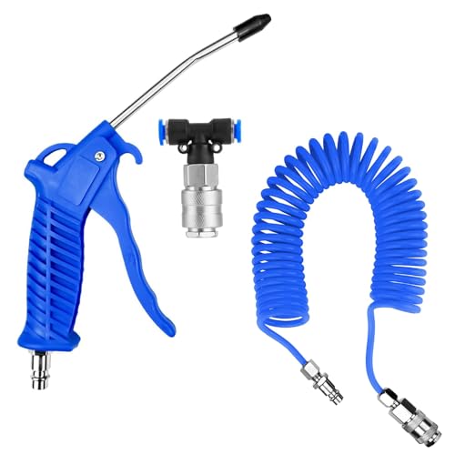 Pistola de aire comprimido para camiones, con manguera en espiral de 5 m, pistola de soplado con pieza en T de acoplamiento rápido, para camiones, coches, barcos, color azul