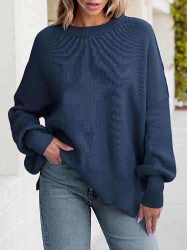 Image of ANRABESS Women Oversized Sweaters Batwing Long Sleeve 2026 Fall Outfits Crewneck Casual Knit Side Slit Fashion Pullover Top